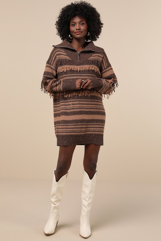 Ultimate Coziness Brown Striped Quarter-Zip Sweater Mini Dress