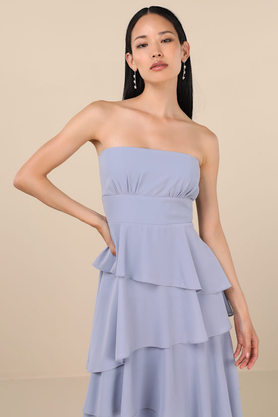 Gorgeous Essence Slate Blue Strapless Tiered Maxi Dress