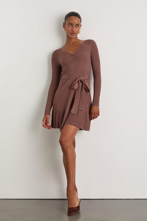 Cozy Poise Heather Brown Henley Long Sleeve Mini Sweater Dress