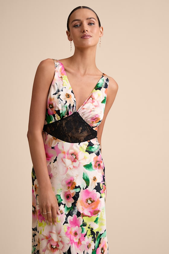 Solaina Pink and Black Multi Floral Satin Lace Maxi Dress