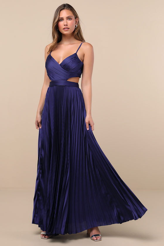 Got the Glam Navy Blue Pleated Cutout Maxi Dress