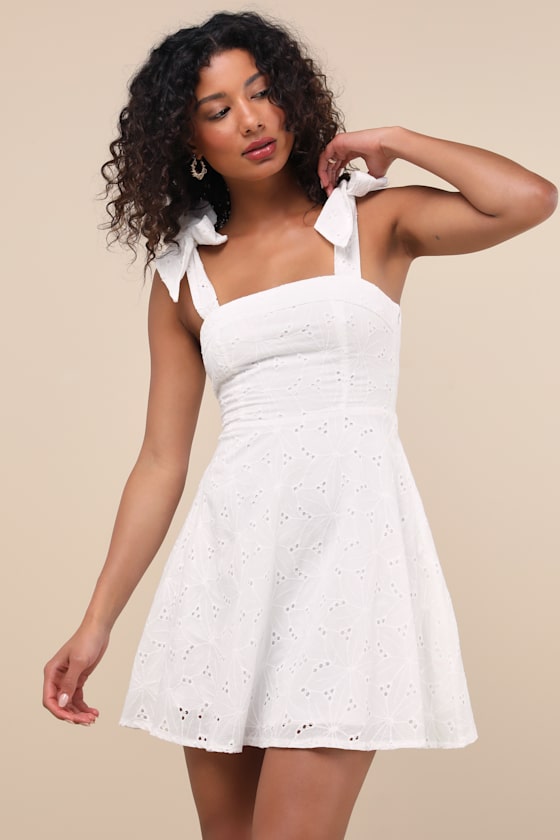 Sneak a Kiss White Floral Embroidered Tie-Strap Mini Dress
