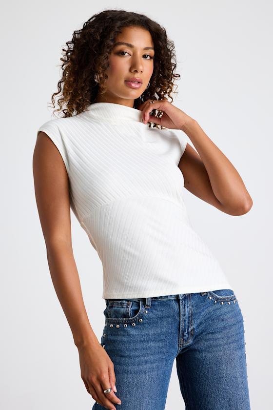 Avenley Ivory Ribbed Mock Neck Asymmetrical Top