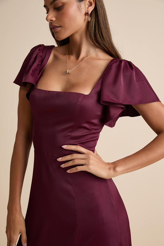 Ultimate Sweetness Plum Satin Flutter Sleeve Maxi Dress