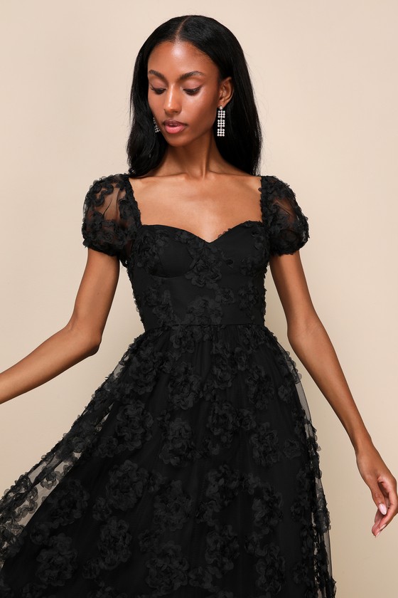 Notable Elegance Black Mesh Floral Applique Bustier Midi Dress