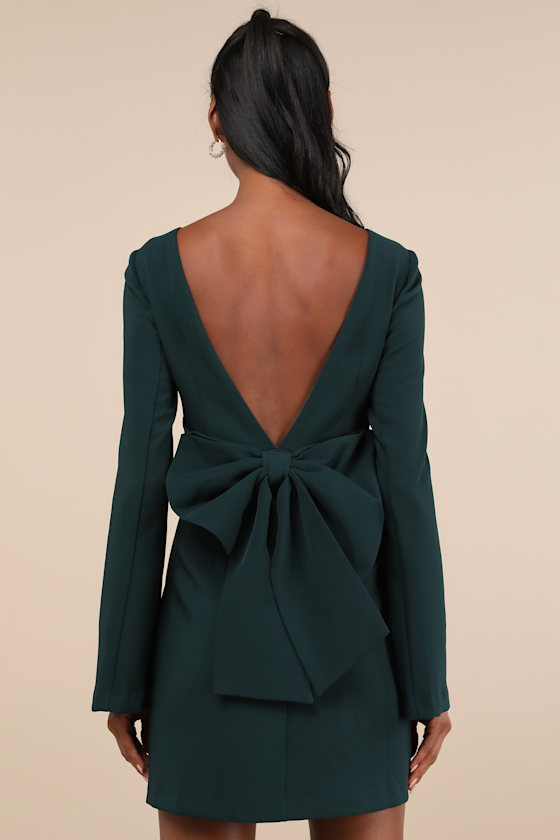 Elegant Cutie Emerald Bow Long Sleeve Backless Mini Dress