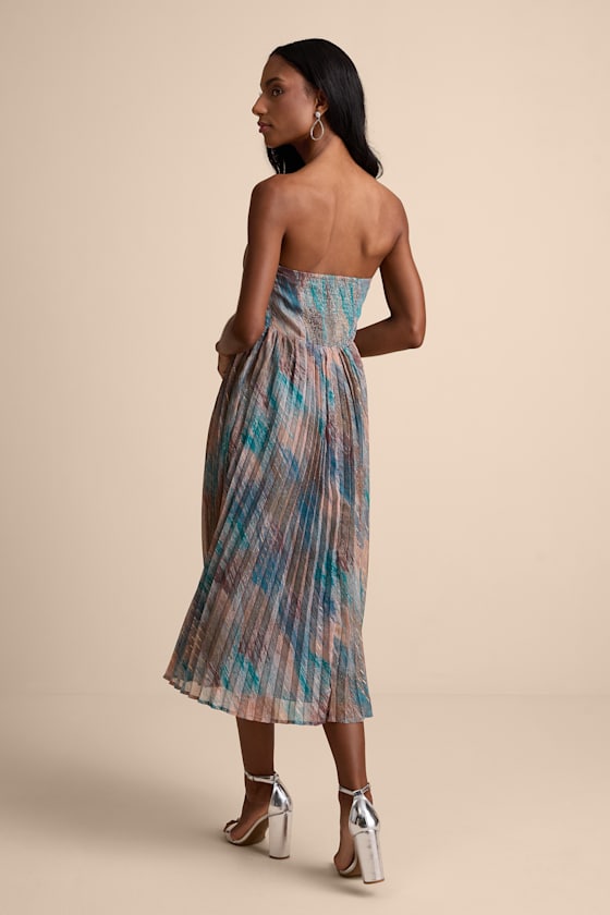 Juniva Teal Multi Abstract Print Pleated Bustier Midi Dress