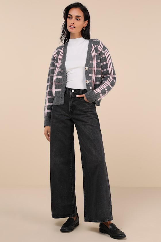 Ideal Crush Charcoal Grey and Pink Plaid Cardigan