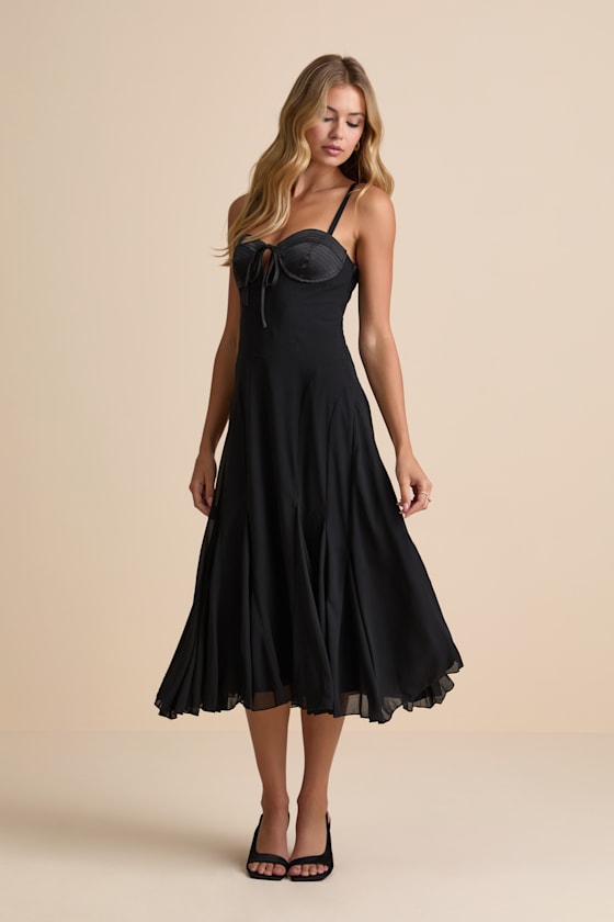 Enticing Invite Black Pleated Midi Dress