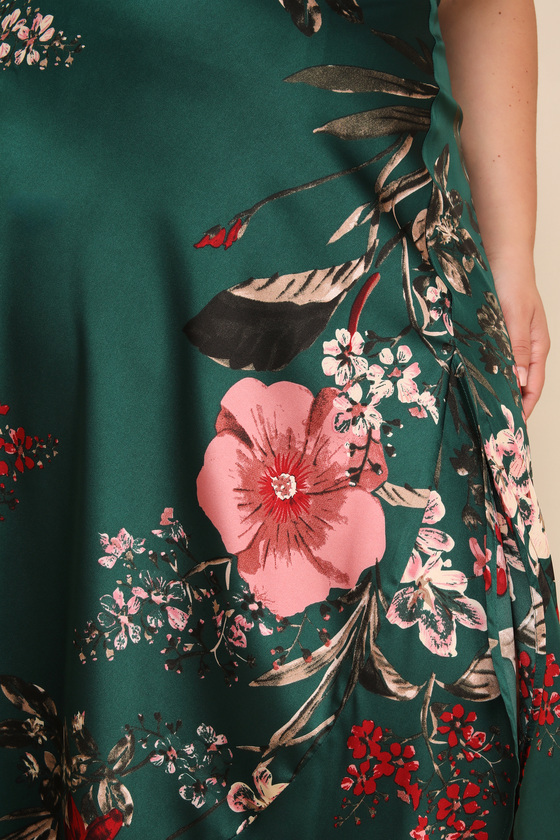 Superbly Stunning Emerald Green Floral Print Satin Maxi Skirt