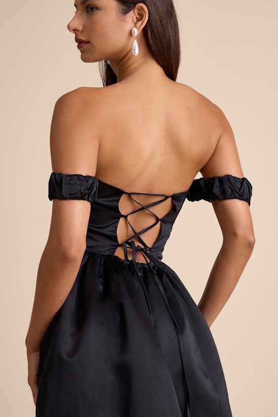 Coquette Essence Black Satin Off-the-Shoulder Lace-Up Midi Dress