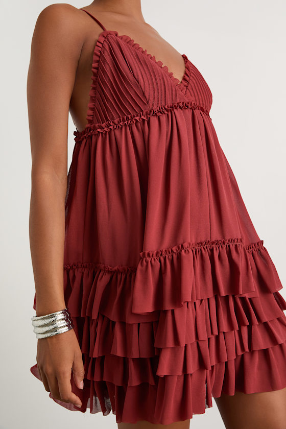 Asuka Rust Ruffled Tiered Mini Dress