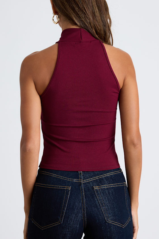 Essential Energy Wine Red Ribbed Sleeveless Cross-Front Top