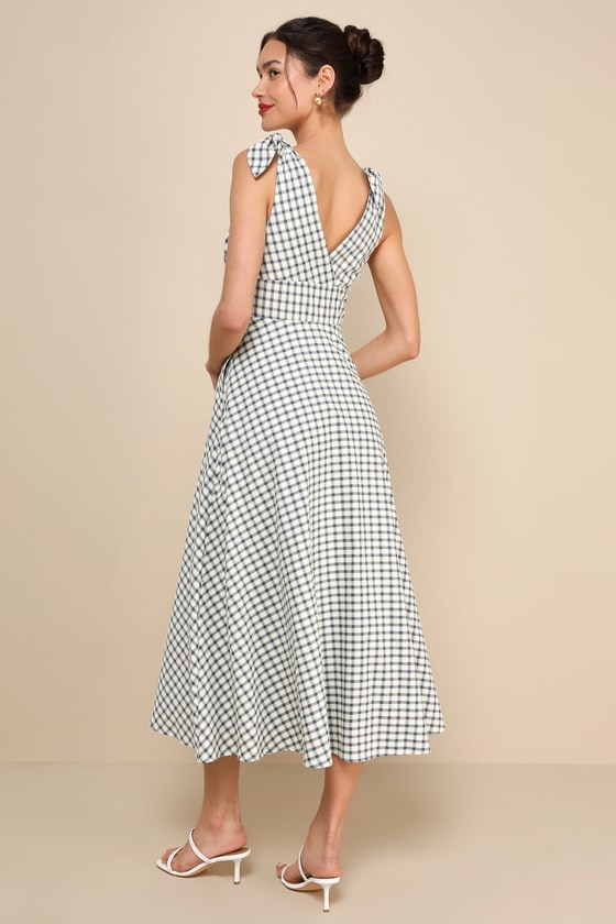 Sweetest Posture Navy and Cream Gingham Midi Dress With Pockets