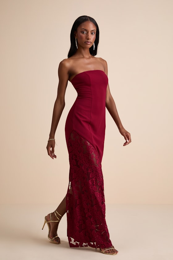 Irresistible Attitude Red Strapless Lace Column Maxi Dress