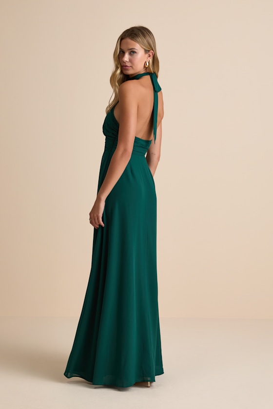 Cammie Emerald Halter Neck Ruched Maxi Dress