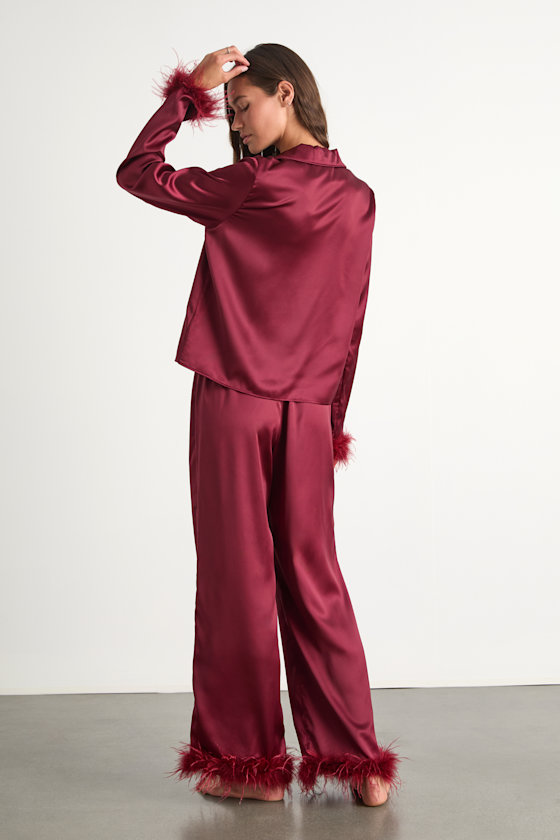 Dreamiest Delight Burgundy Satin Feather Two-Piece Pajama Set