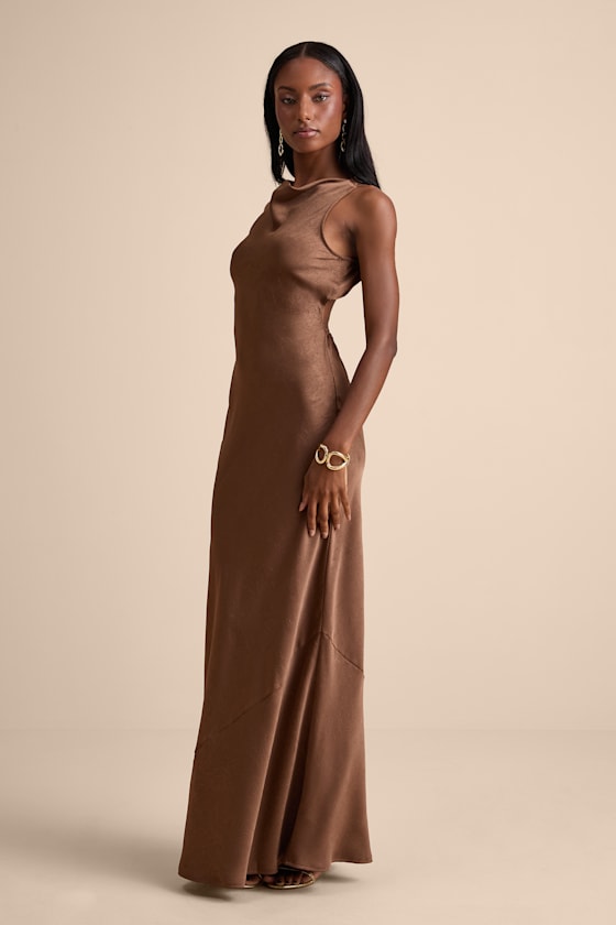 Alisha Brown Crinkle Satin Backless Maxi Dress