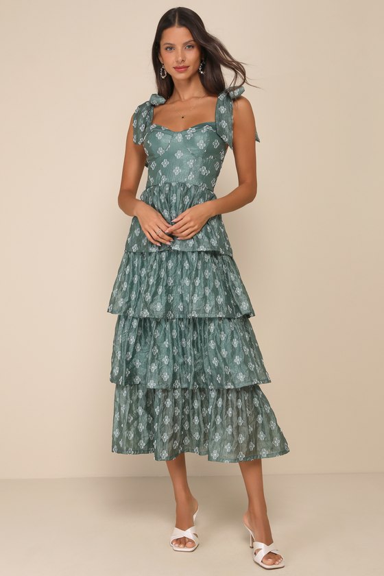 Gorgeous Excellence Teal Green Floral Burnout Tiered Midi Dress