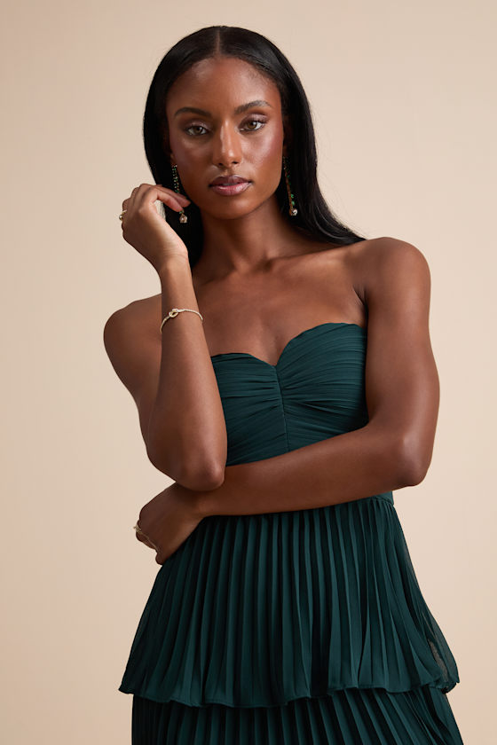 Seriously Sensational Emerald Strapless Tiered Midi Dress
