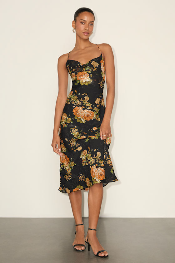 Petal Prowess Black Floral Print Lace-Up Cowl Midi Dress