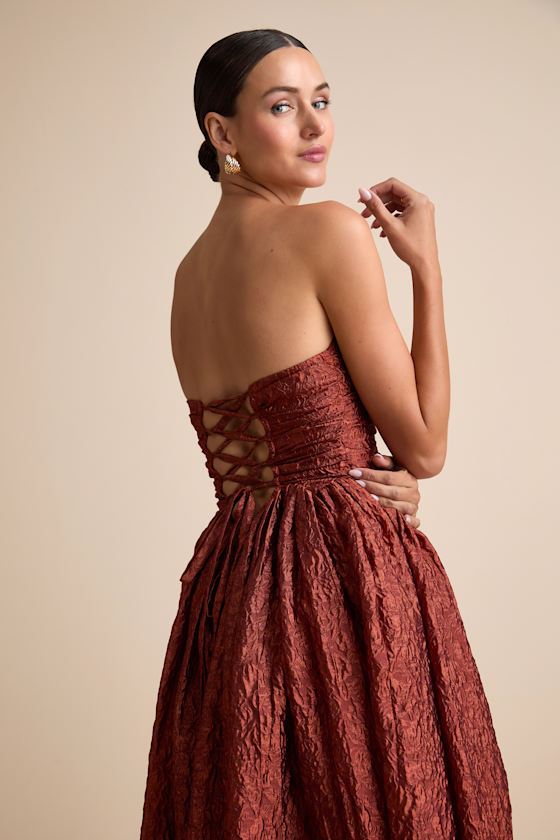 Analeia Rust Jacquard Lace-Up Strapless Midi Dress