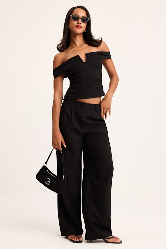 Reema Black Ribbed Notched Off-the-Shoulder Top