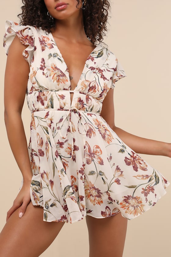 Flirty Ways Cream Floral Print Flutter Sleeve Romper