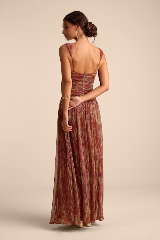 Evaluna Rust Abstract Plisse Sleeveless Maxi Dress