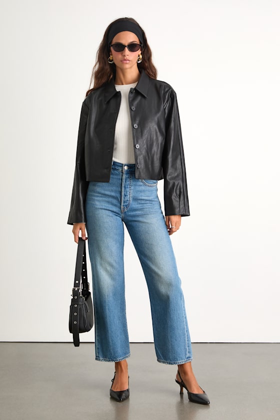Mariely Black Vegan Leather Button-Front Cropped Jacket