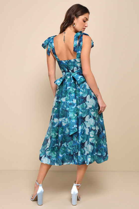 Flowering Day Dream Teal Blue Floral Organza Midi Bubble Dress