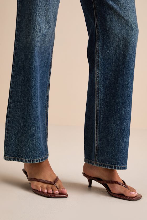 Massima Brown Croc-Embrossed Kitten Heel Thong Sandals