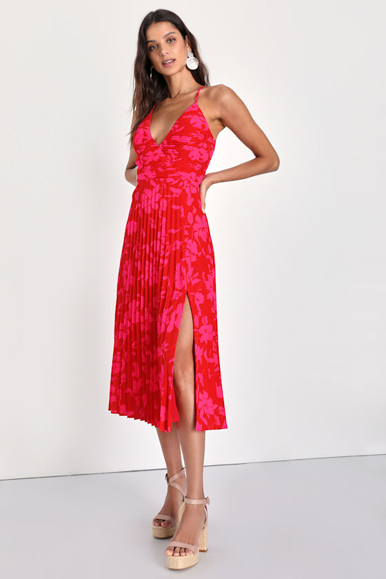 Vibrant Moment Red and Pink Floral Pleated Lace-Up Midi Dress