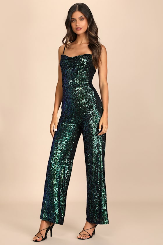 Dancing to the Music Green Iridescent Sequin Wide-Leg Jumpsuit