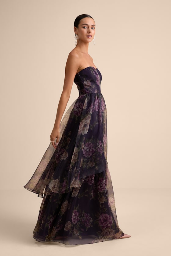 Truly Extraordinary Purple Floral Organza Strapless Maxi Dress