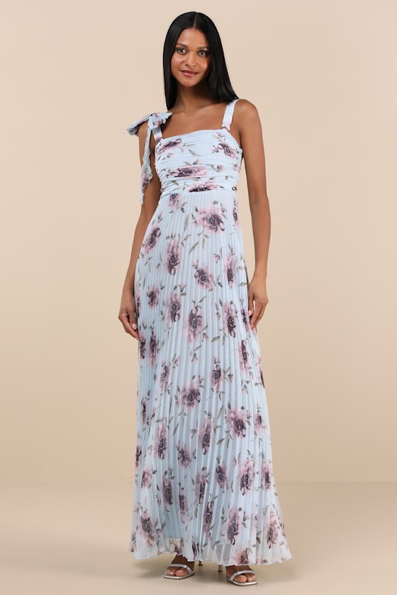 Gorgeous Purpose Blue Floral Pleated Sleeveless Bow Maxi Dress