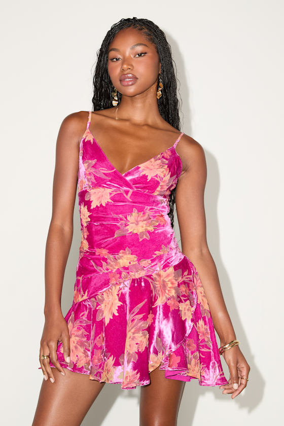 Devi Hot Pink Velvet Burnout Surplice Mini Dress