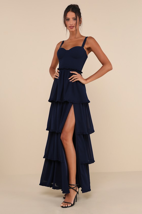 Sophisticated Occasion Navy Blue Bustier Lace-Up Maxi Dress