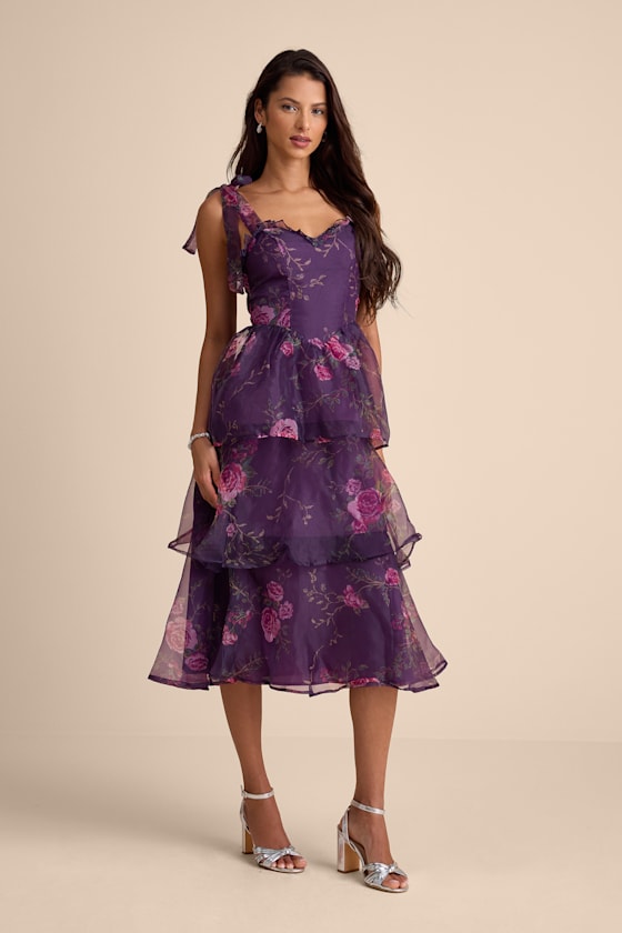 Fairytale Cutie Purple Floral Tie-Strap Tiered Midi Dress
