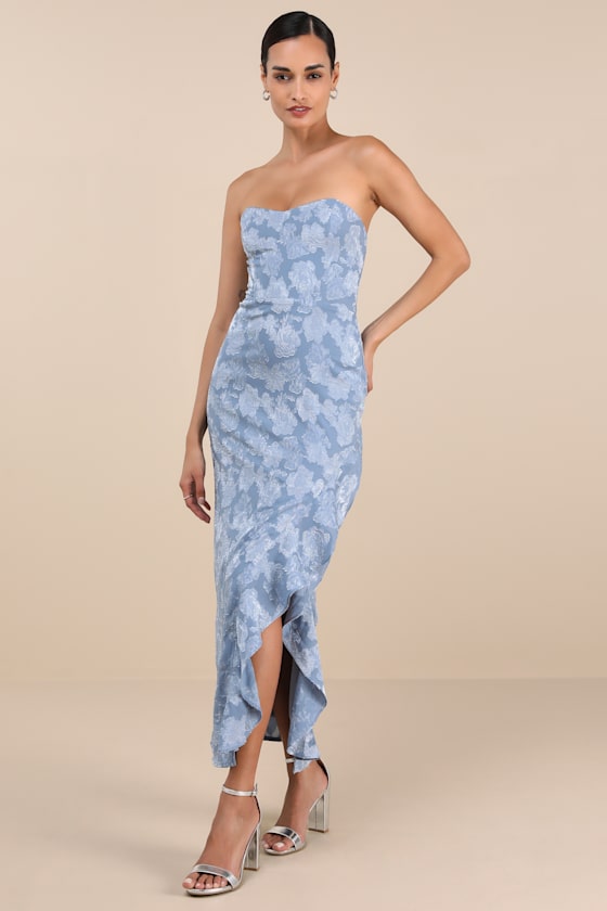 Mabriella Slate Blue Floral Burnout Ruffled Maxi Dress