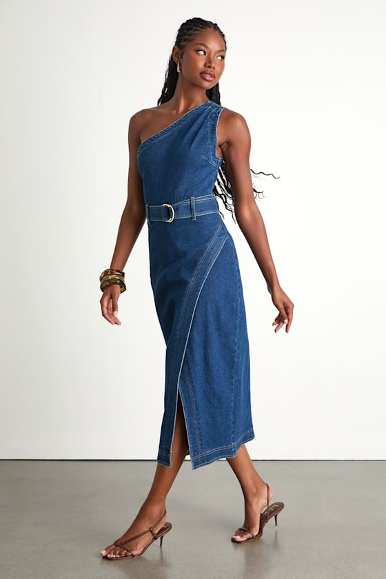 Avelina Medium Wash Denim One-Shoulder Belted Midi Dress