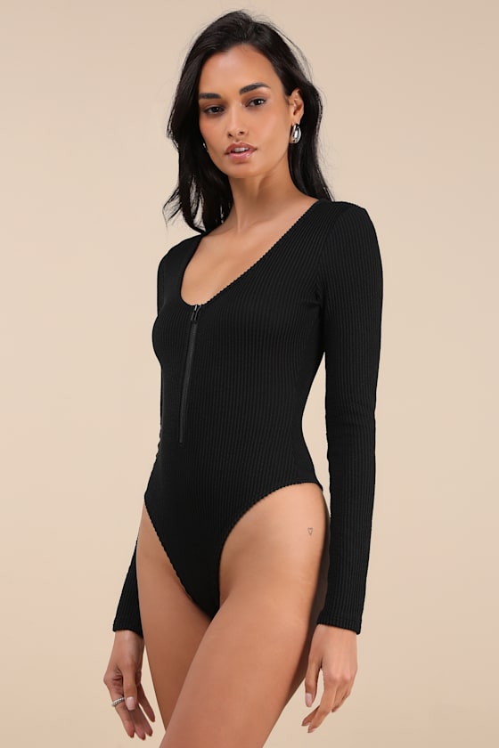 Najya Black Ribbed Knit Zip-Front Long Sleeve Bodysuit
