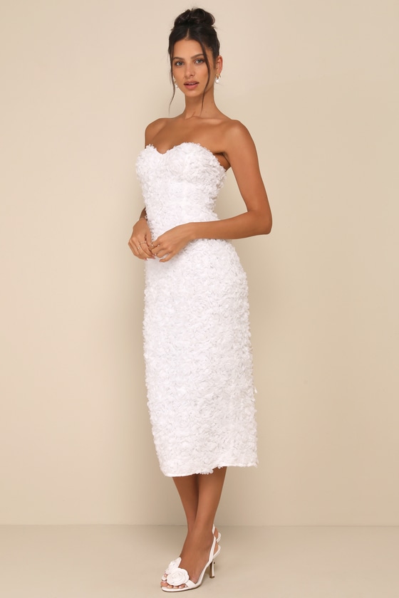 Gorgeous Mentality White 3D Floral Strapless Midi Dress
