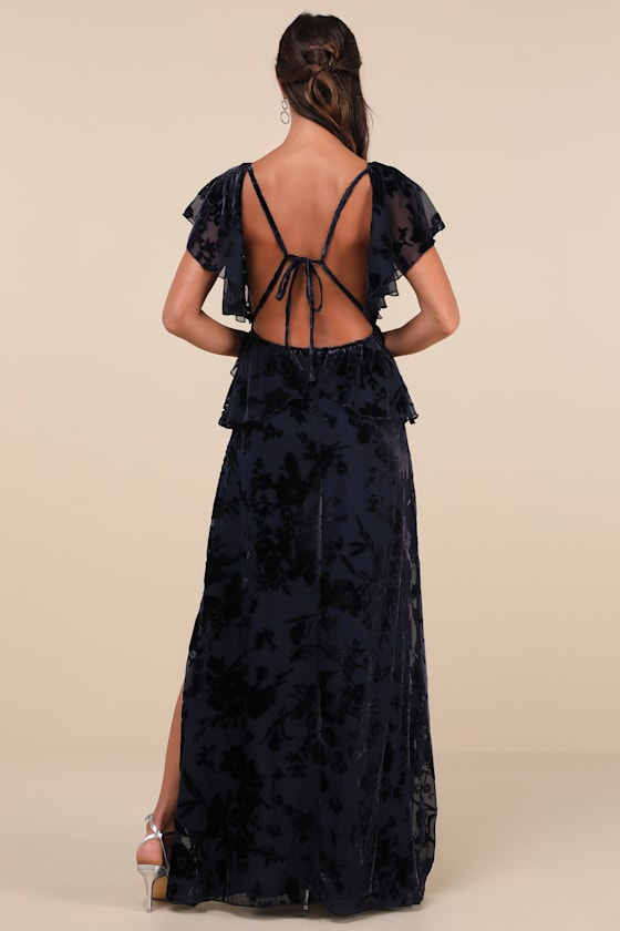 Romantic Wonder Navy Burnout Velvet Ruffled Tie-Back Maxi Dress