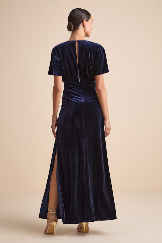 Mystical Charm Navy Velvet Flutter Sleeve Maxi Dress