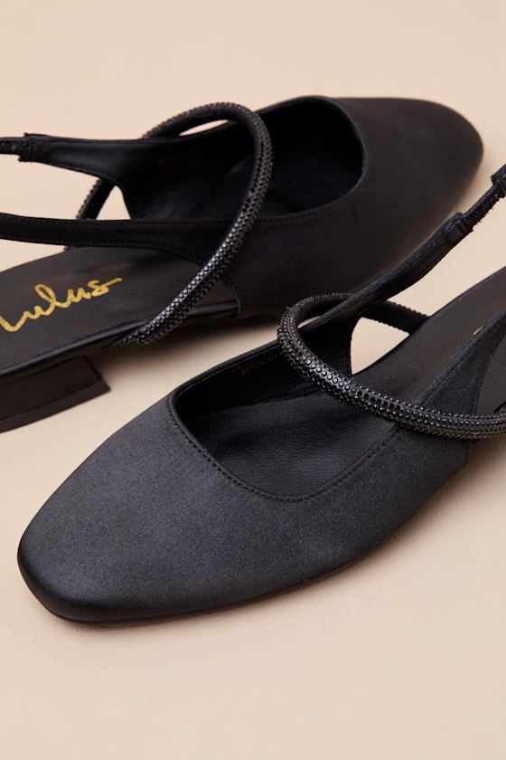 Clea Black Satin Rhinestone Slingback Flats