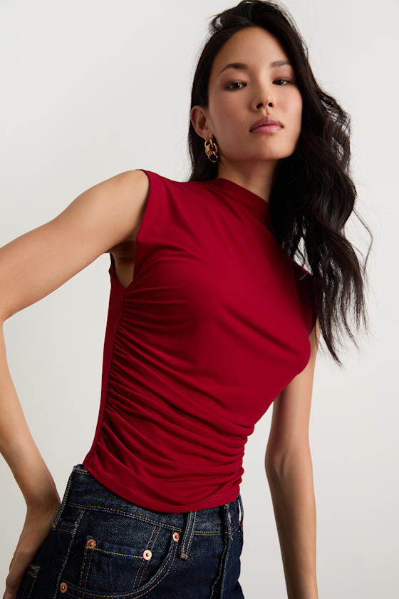 Avaina Wine Red Slinky Knit Ruched Mock Neck Sleeveless Top
