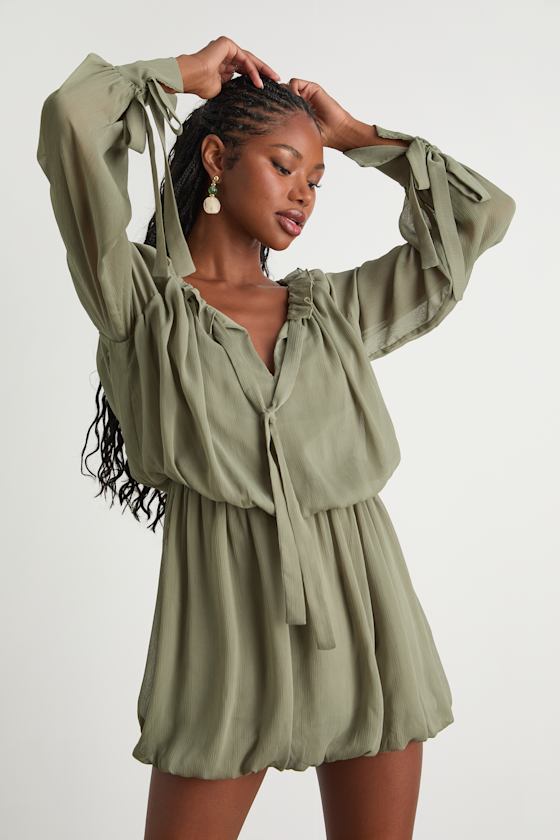 Kezzy Light Olive Ruffled Long Sleeve Bubble-Hem Mini Dress