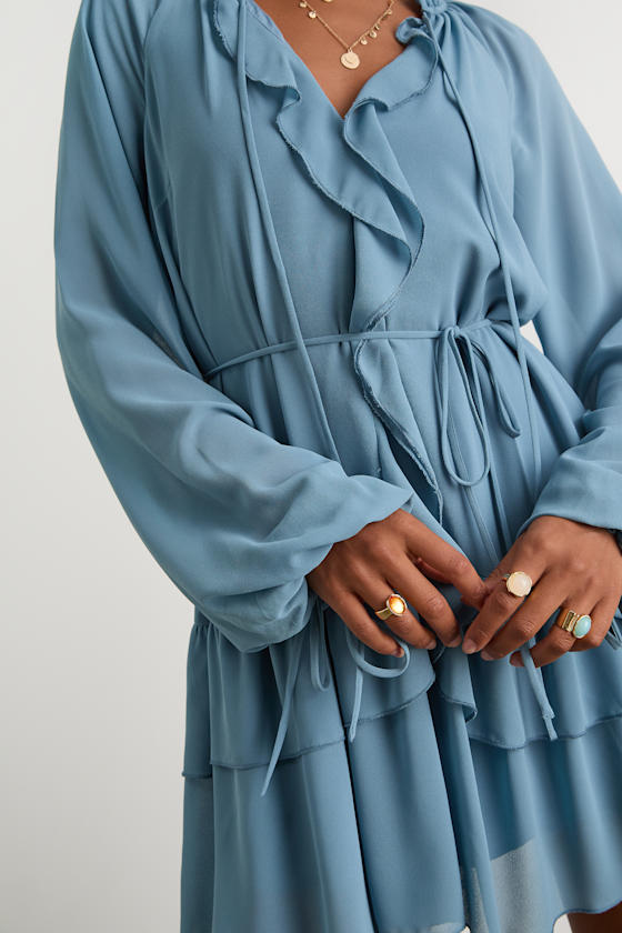 Allirah Light Blue Ruffled Long Sleeve Mini Dress