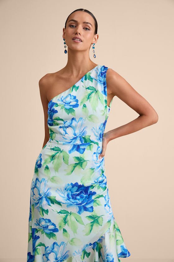 Divinely Blooming Lime Multi Floral One-Shoulder Midi Dress